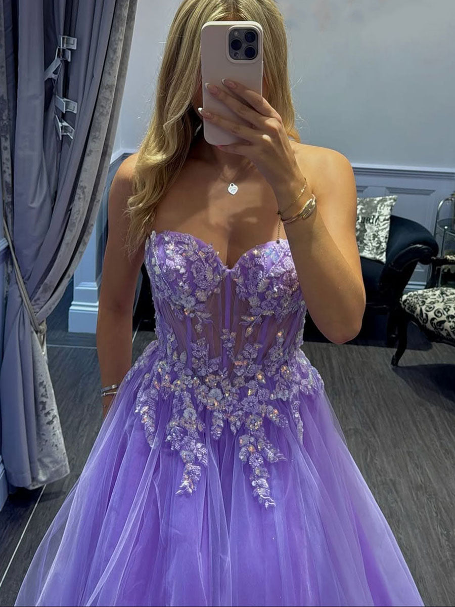 Lavender Sweetheart Corset Tulle Prom Dress with 3D Floral Appliqu�s - View 4 | FashionDia