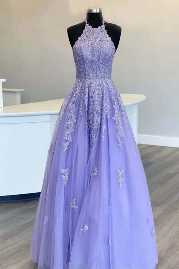 Tulle A-line Halter Lace Appliqued Prom Dresses, Evening Dress - View 2 | VelvetHem