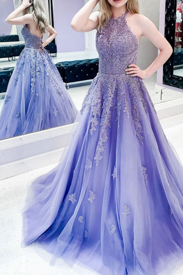 Tulle A-line Halter Lace Appliqued Prom Dresses, Evening Dress - View 3 | VelvetHem