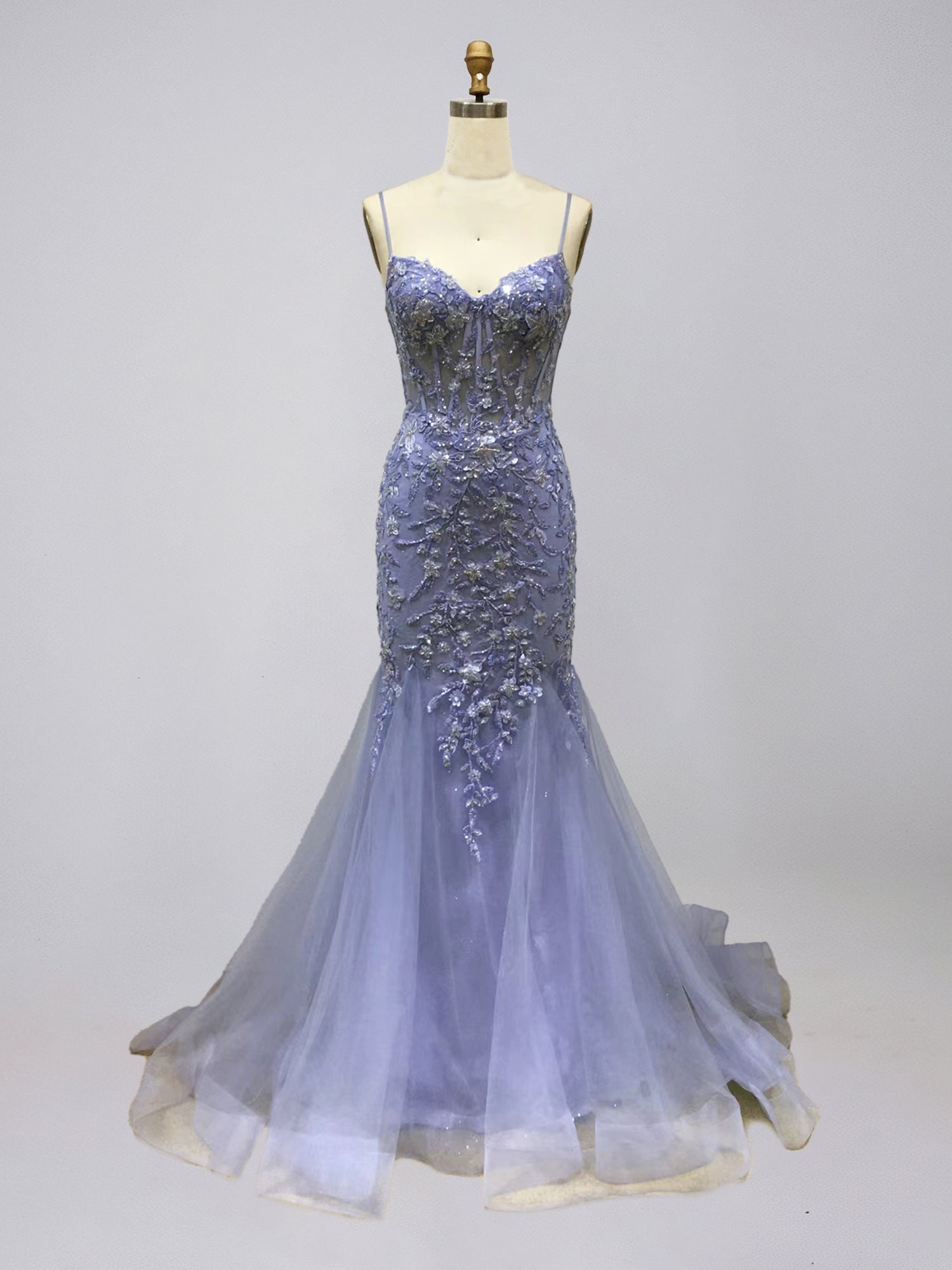 Lavender Tulle Beaded Corset Mermaid Prom Dress with Floral Embroidery