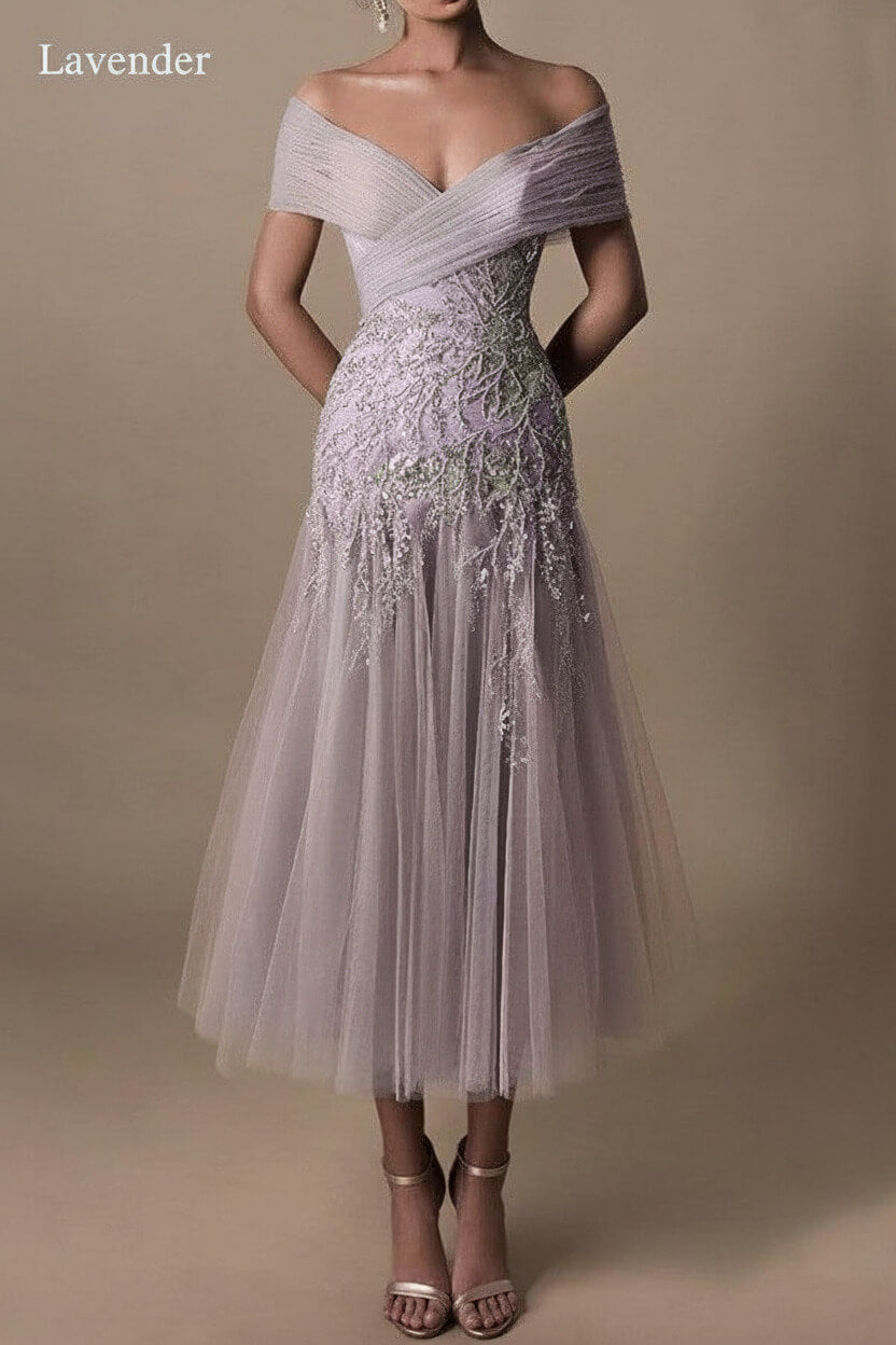 Gorgeous Short Long Off-the-Shoulder Beadings Beach Bridal Dress With Lace