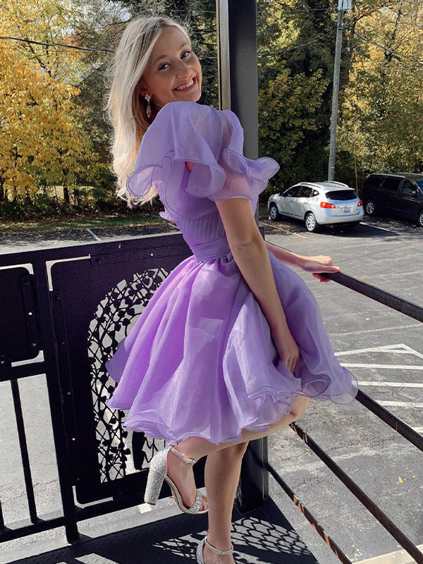 A Line Surplice Ruffles Straps Tulle Homecoming Dress