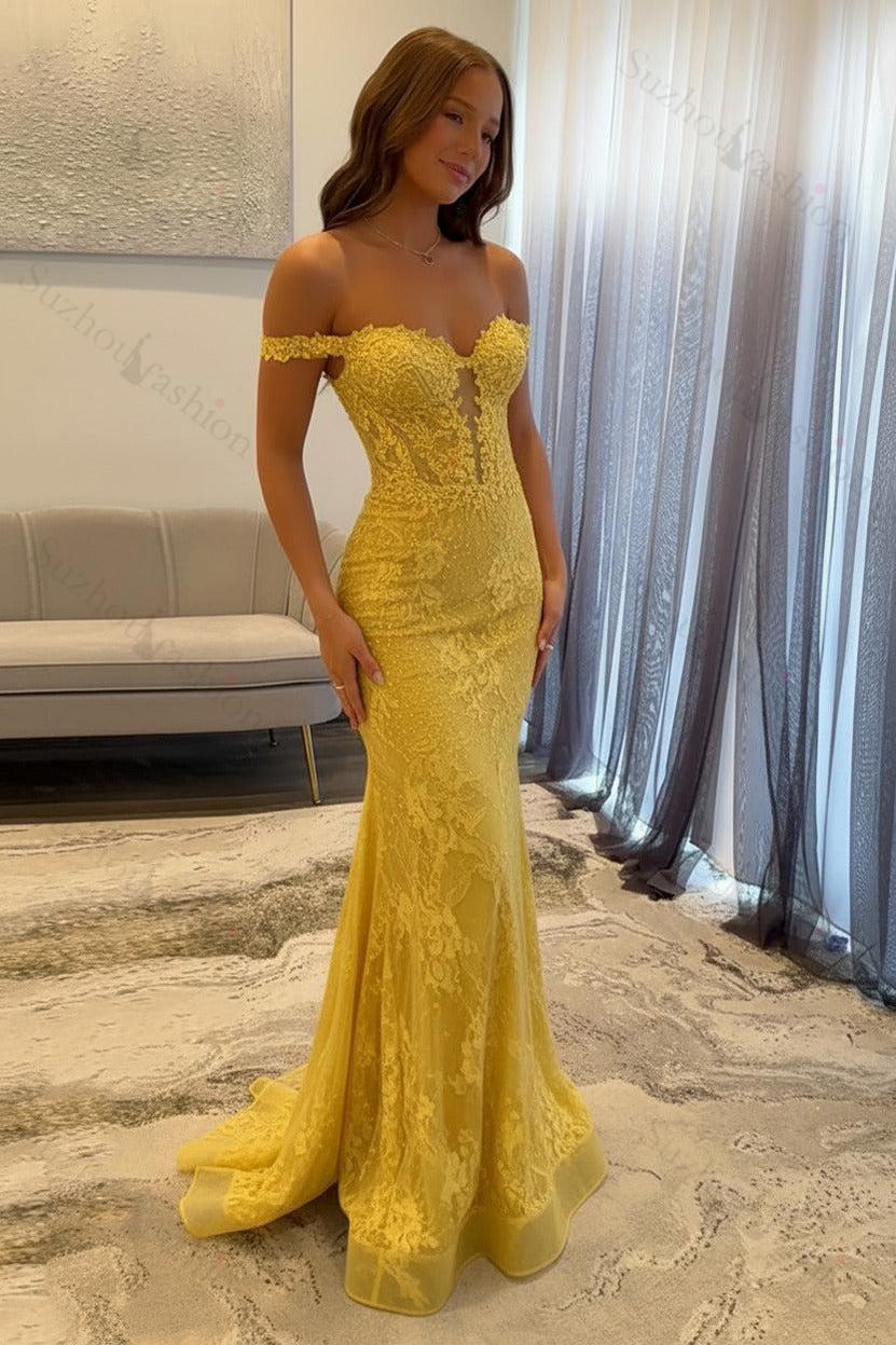 Navy Prom Dress Off The Shoulder Mermaid Long Lace Formal Dress