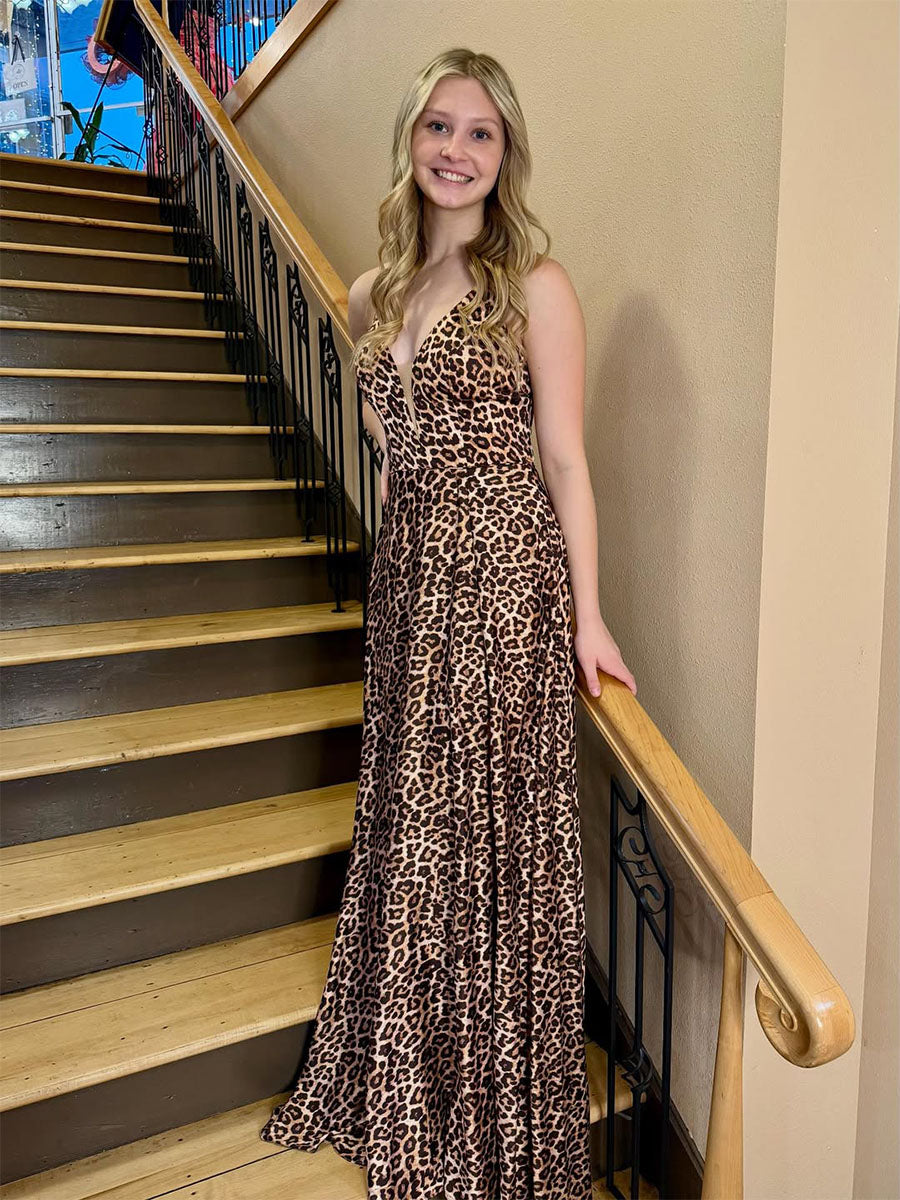 Leopard Print A-Line Deep V-Neck Prom Dress with Slit