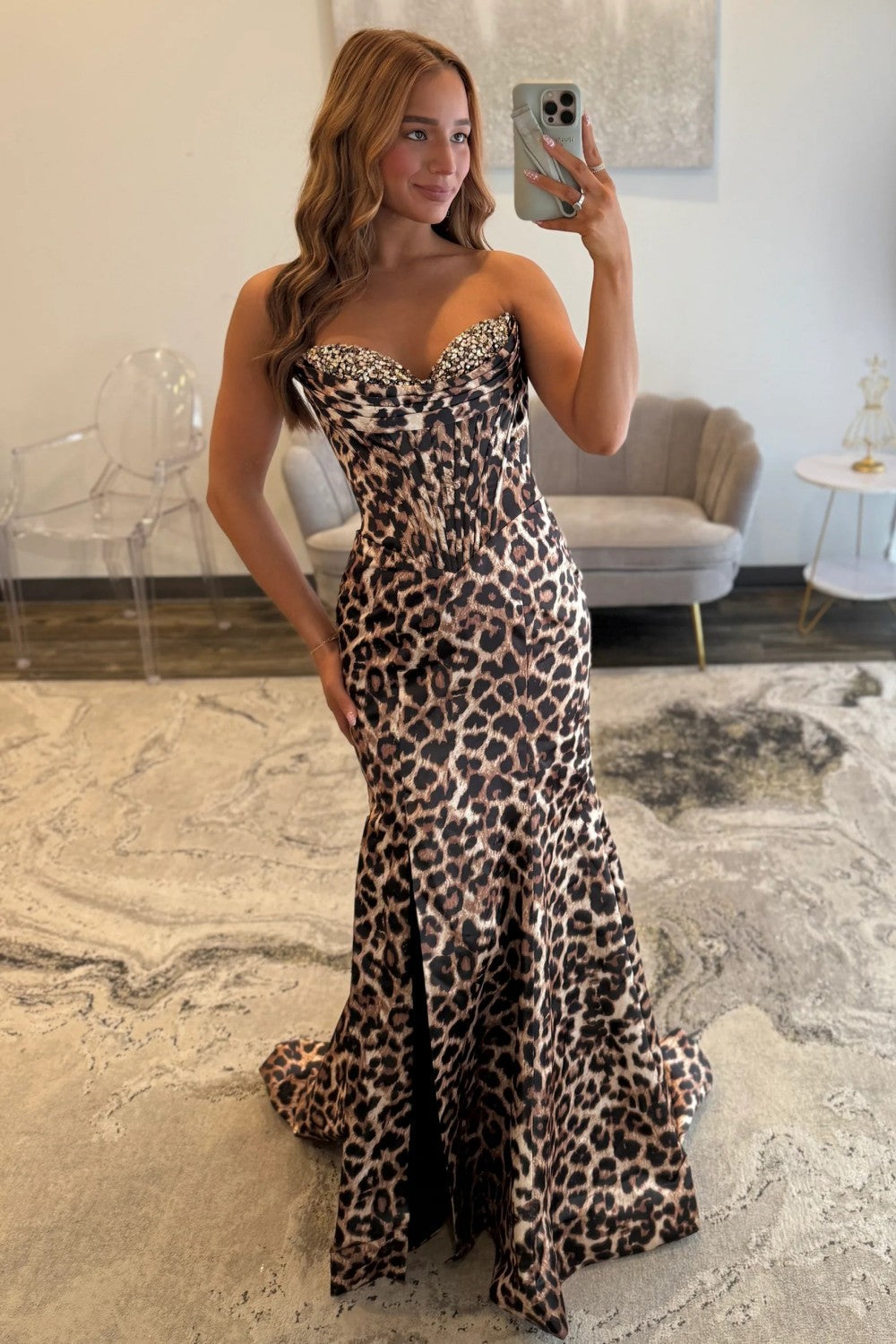 Stunning Mermaid Sweetheart Brown Leopard Printed Corset Prom Dress with Beading