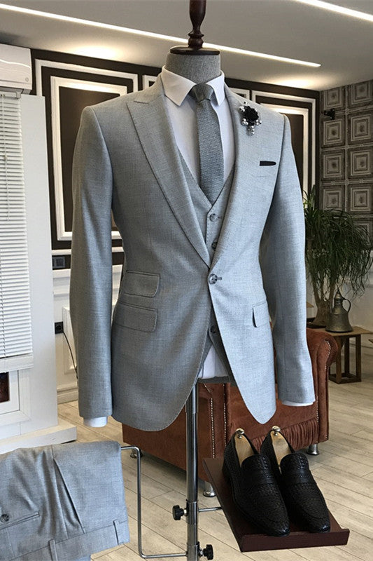 Light Gray Peaked Lapel 3 Piece Simple Business Suit