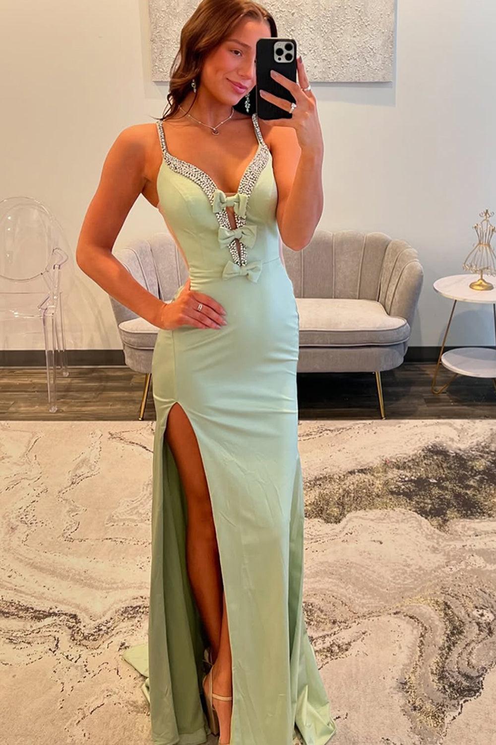 Light Green Prom Dress Beaded Spaghetti Straps Formal Dress With Slit