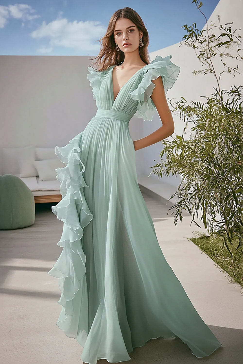 Light Green Prom Dress Chiffon A Line V-Neck Ruffled Long Formal Dress