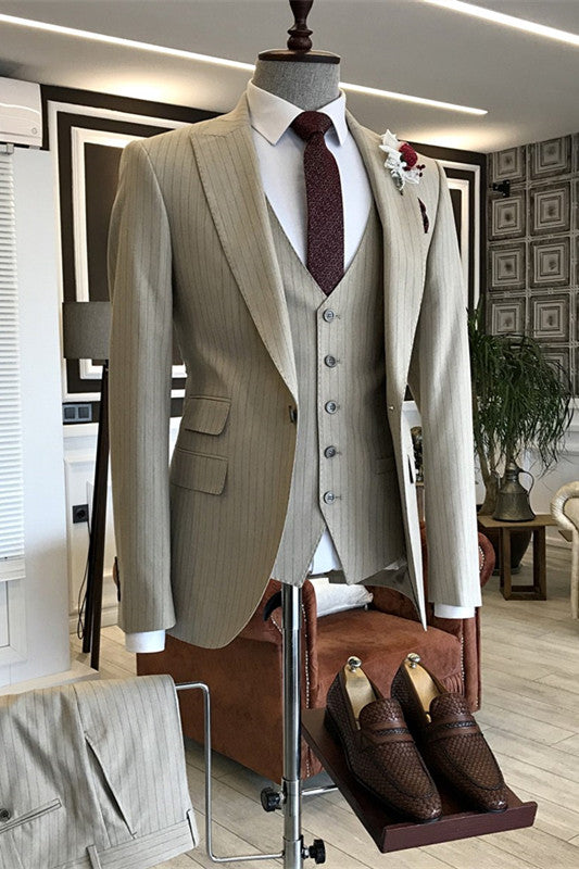 Light Khaki Striped Three Piece Peaked Lapel Business Suit