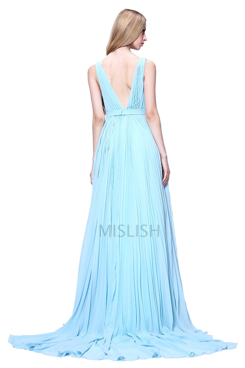 Light Sky Blue Deep V-neck Sleeveless Prom Dress - Fashionpara
