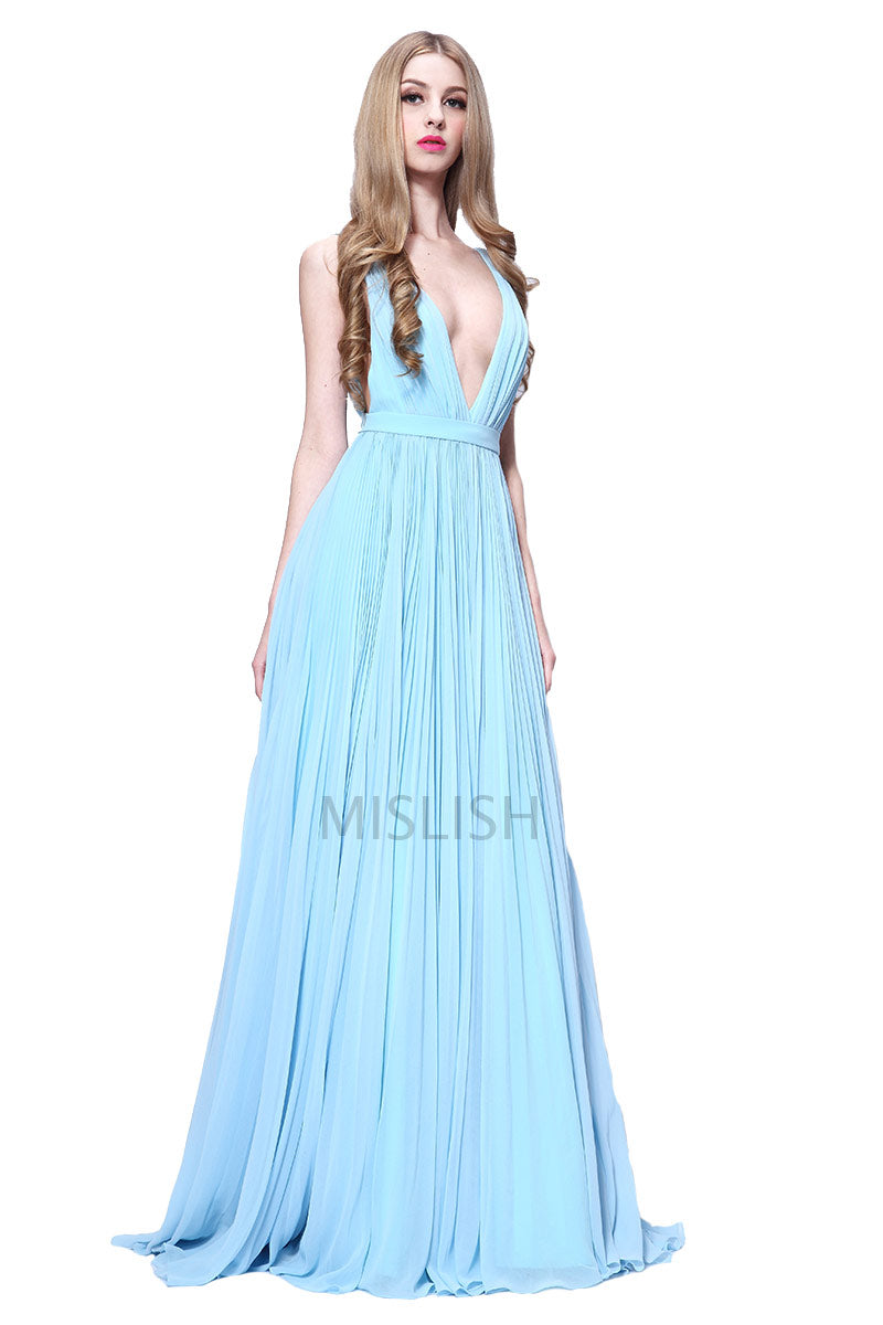 Light Sky Blue Deep V-neck Sleeveless Prom Dress - Fashionpara
