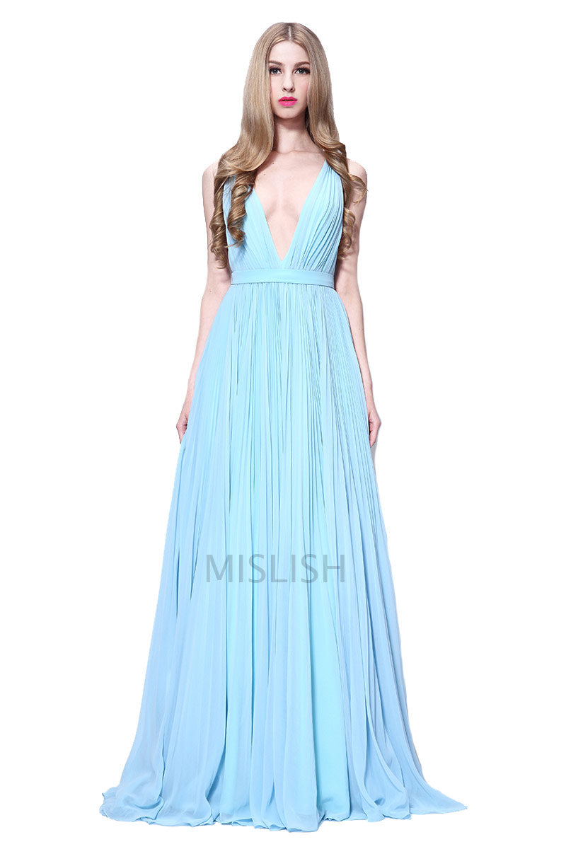 Light Sky Blue Deep V-neck Sleeveless Prom Dress - Fashionpara