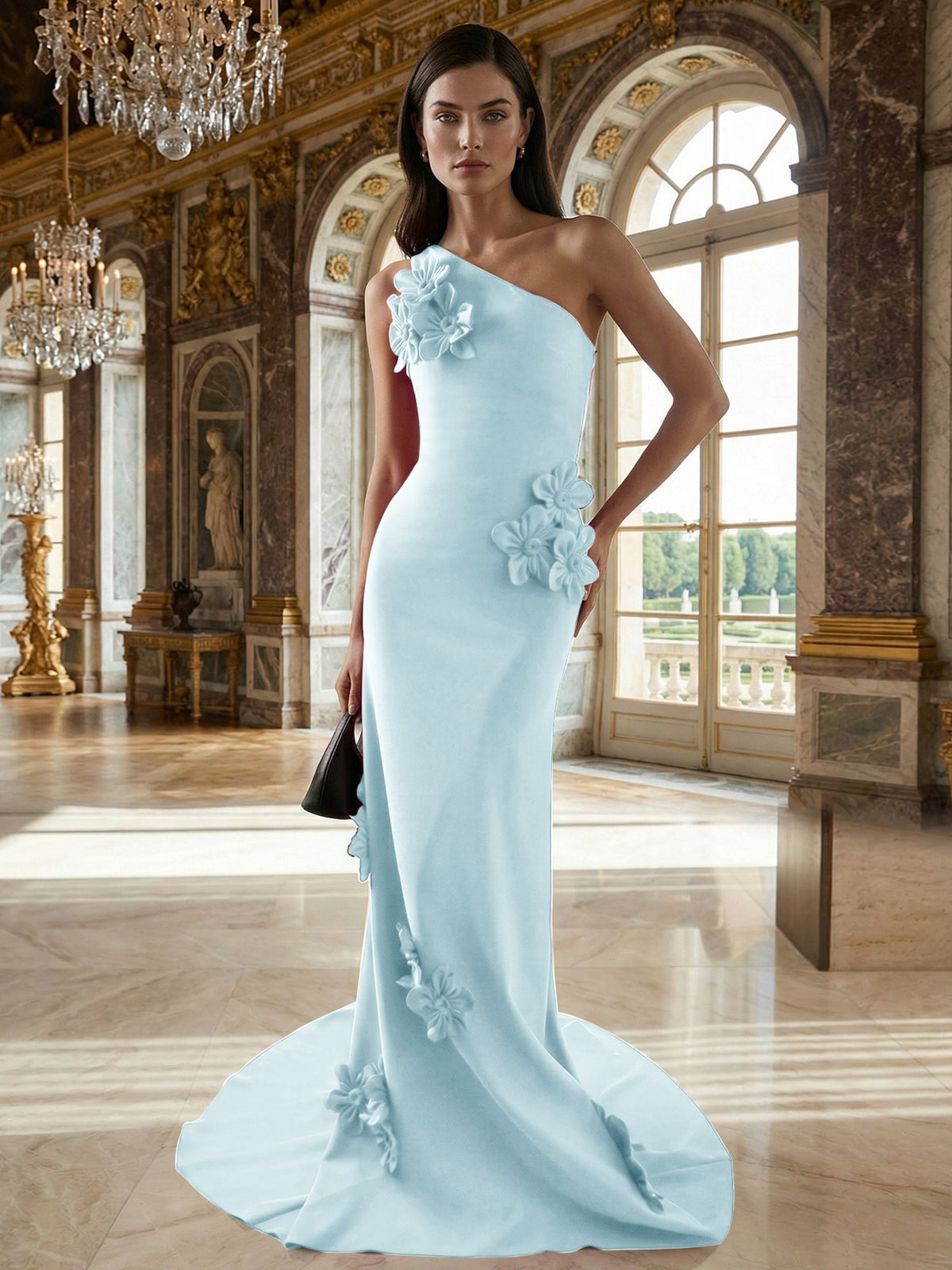 A-Line One-Shoulder Sleeveless Floor-Length Stretch Crepe Dress With 3D Flowers