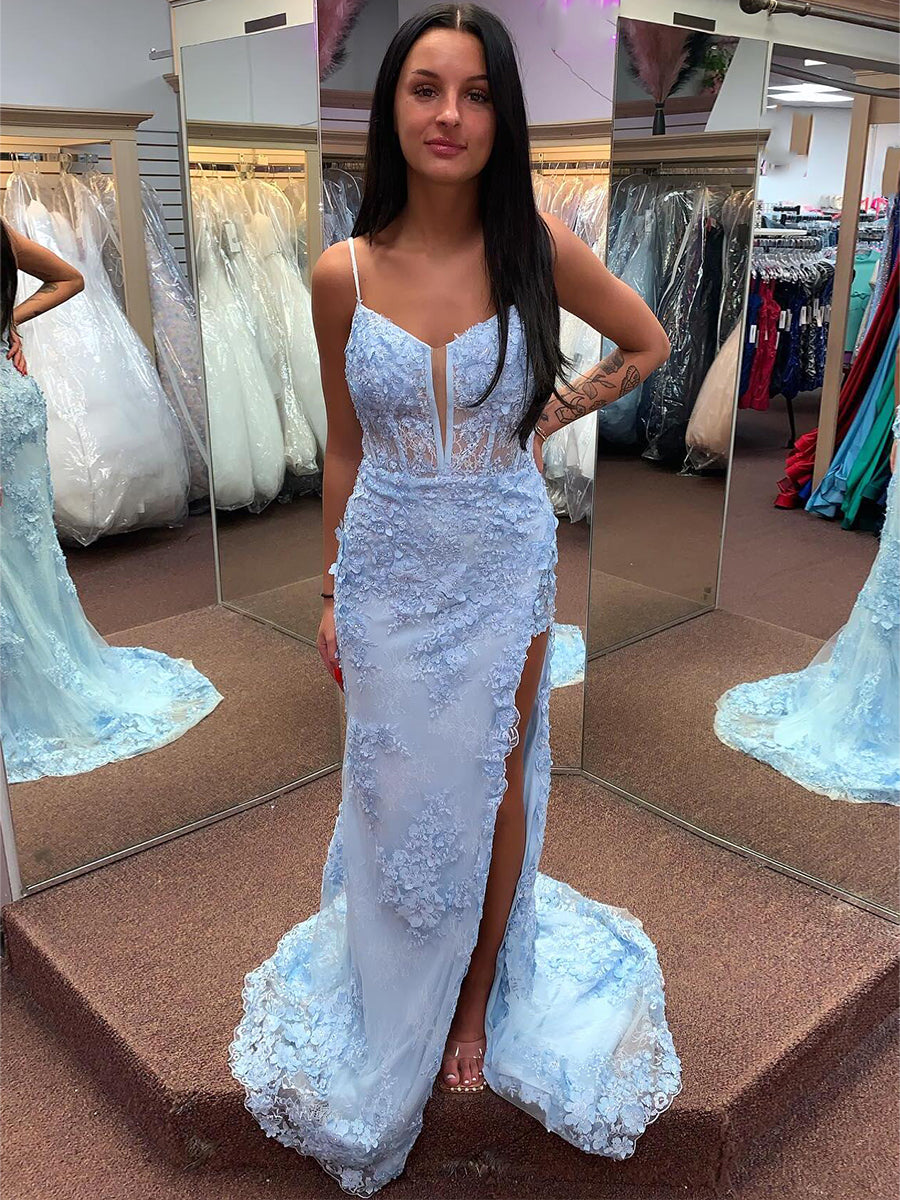 Light Blue 3D Floral Lace Long Corset Prom Dress with Slit - View 2 | FashionDia