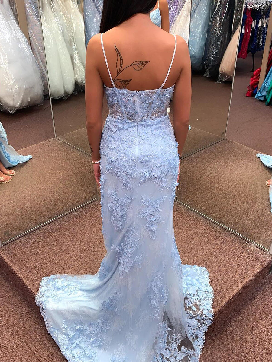 Light Blue 3D Floral Lace Long Corset Prom Dress with Slit - View 3 | FashionDia