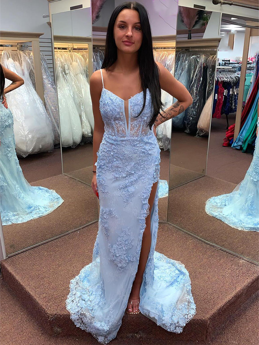 Light Blue 3D Floral Lace Long Corset Prom Dress with Slit - FashionDia