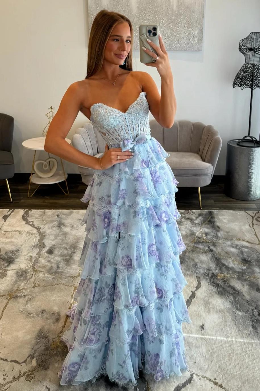 Beautiful A-Line Sweetheart Light Blue Floral Printed Corset Prom Dress with Ruffles - View 5 | FashionDia