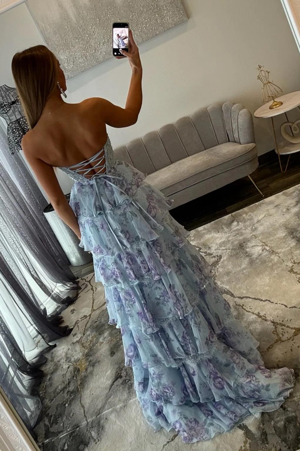 Beautiful A-Line Sweetheart Light Blue Floral Printed Corset Prom Dress with Ruffles - View 2 | FashionDia