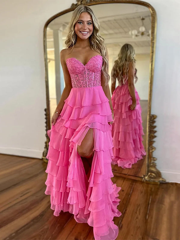 Light Blue A-Line Sweetheart Long Tiered Prom Dress with Slit