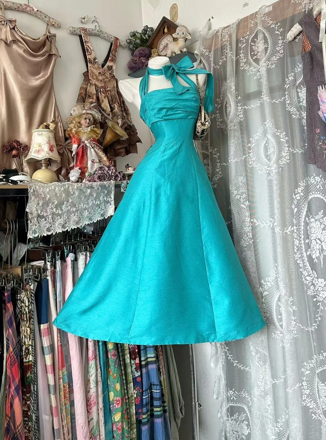Light Blue A-Line Halter Homecoming Dress Taffeta Party Dress