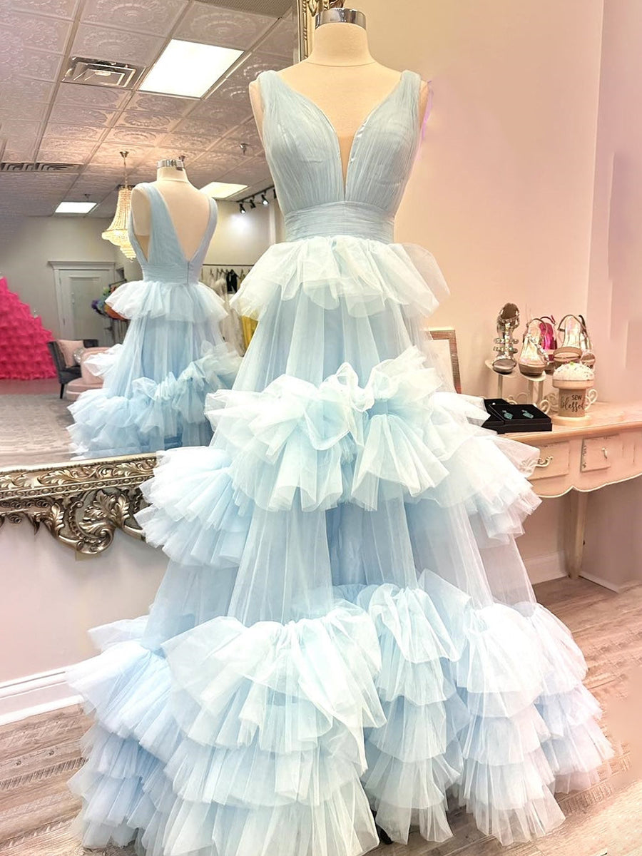 Light Blue A-Line Tiered Ruffle Tulle Long Prom Dress - View 2 | FashionDia