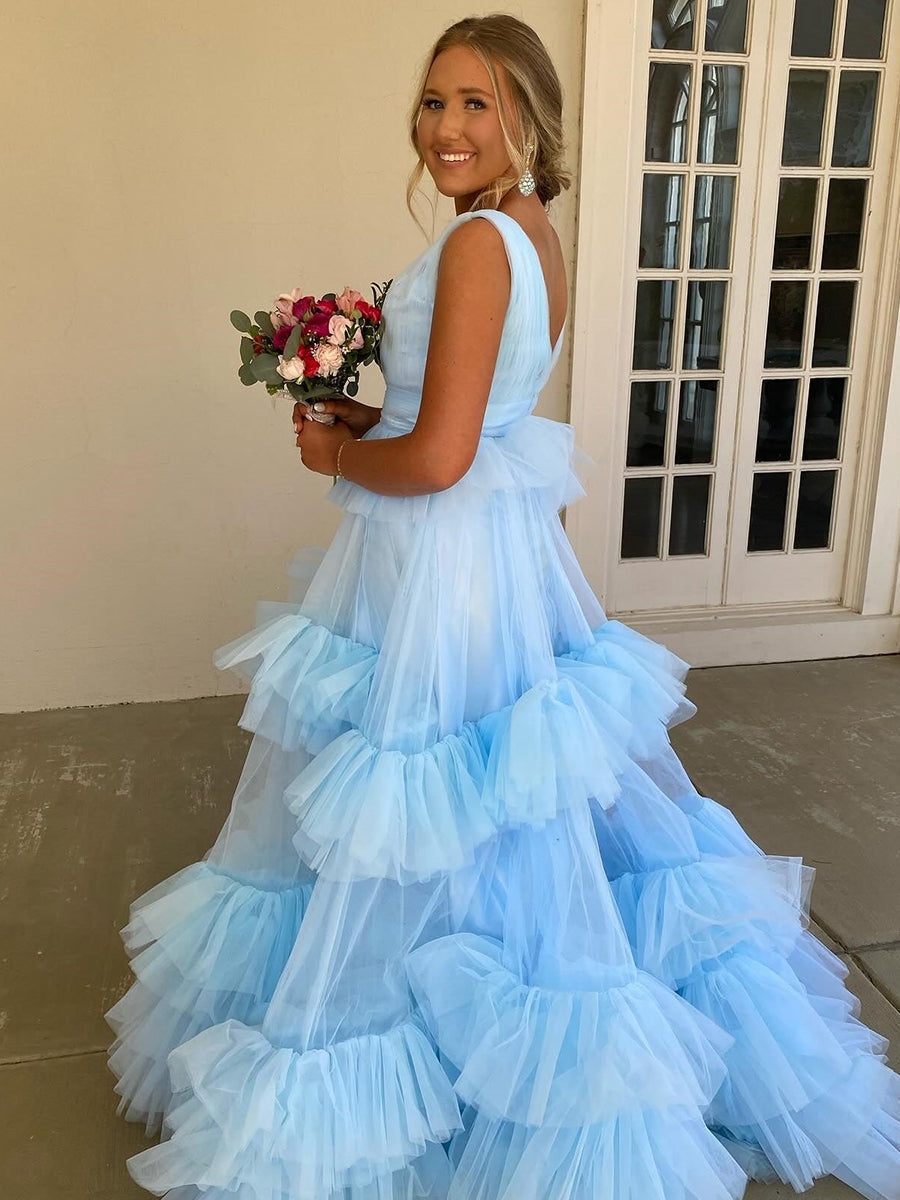 Light Blue A-Line Tiered Ruffle Tulle Long Prom Dress - View 3 | FashionDia