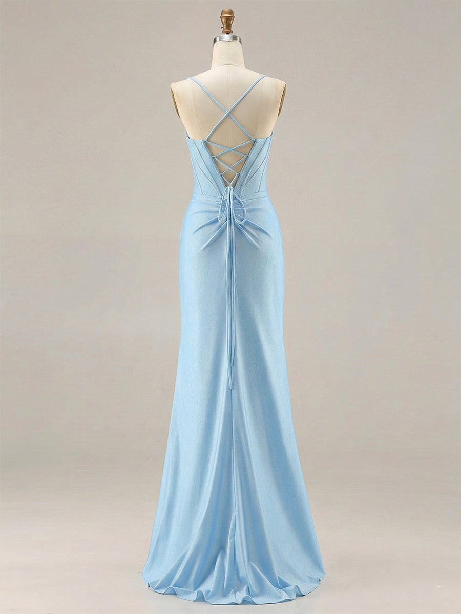 Light Blue Crystal-Trimmed Corset Prom Dress with Slit
