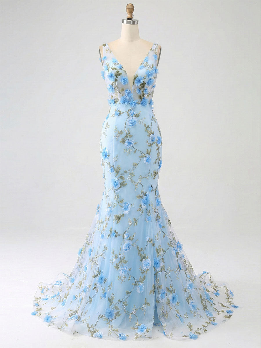 Light Blue Deep V-Neck Tulle Mermaid Prom Dress with 3D Floral Appliqu�s - FashionDia