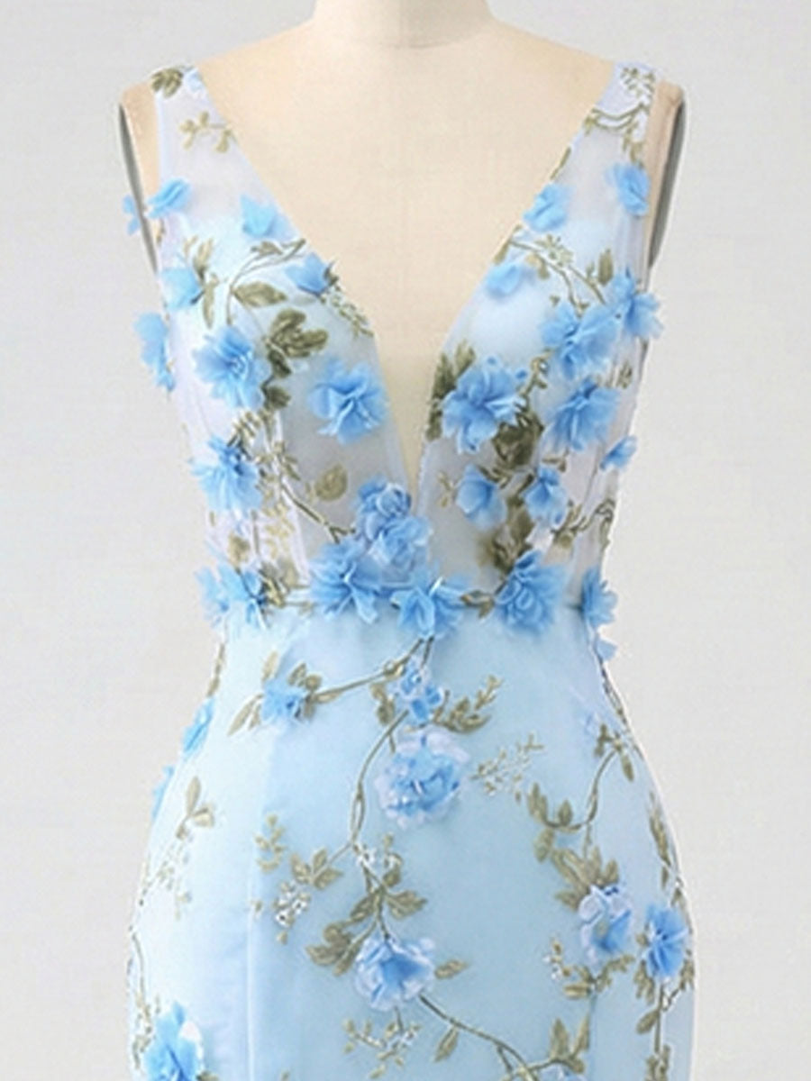 Light Blue Deep V-Neck Tulle Mermaid Prom Dress with 3D Floral Appliqu�s - View 4 | FashionDia