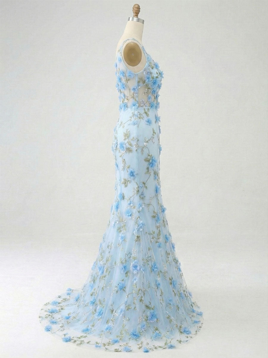 Light Blue Deep V-Neck Tulle Mermaid Prom Dress with 3D Floral Appliqu�s - View 3 | FashionDia