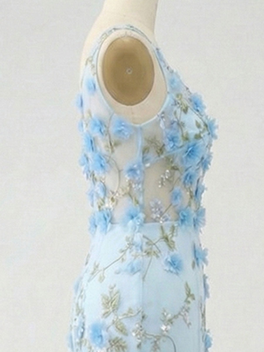 Light Blue Deep V-Neck Tulle Mermaid Prom Dress with 3D Floral Appliqu�s - View 6 | FashionDia