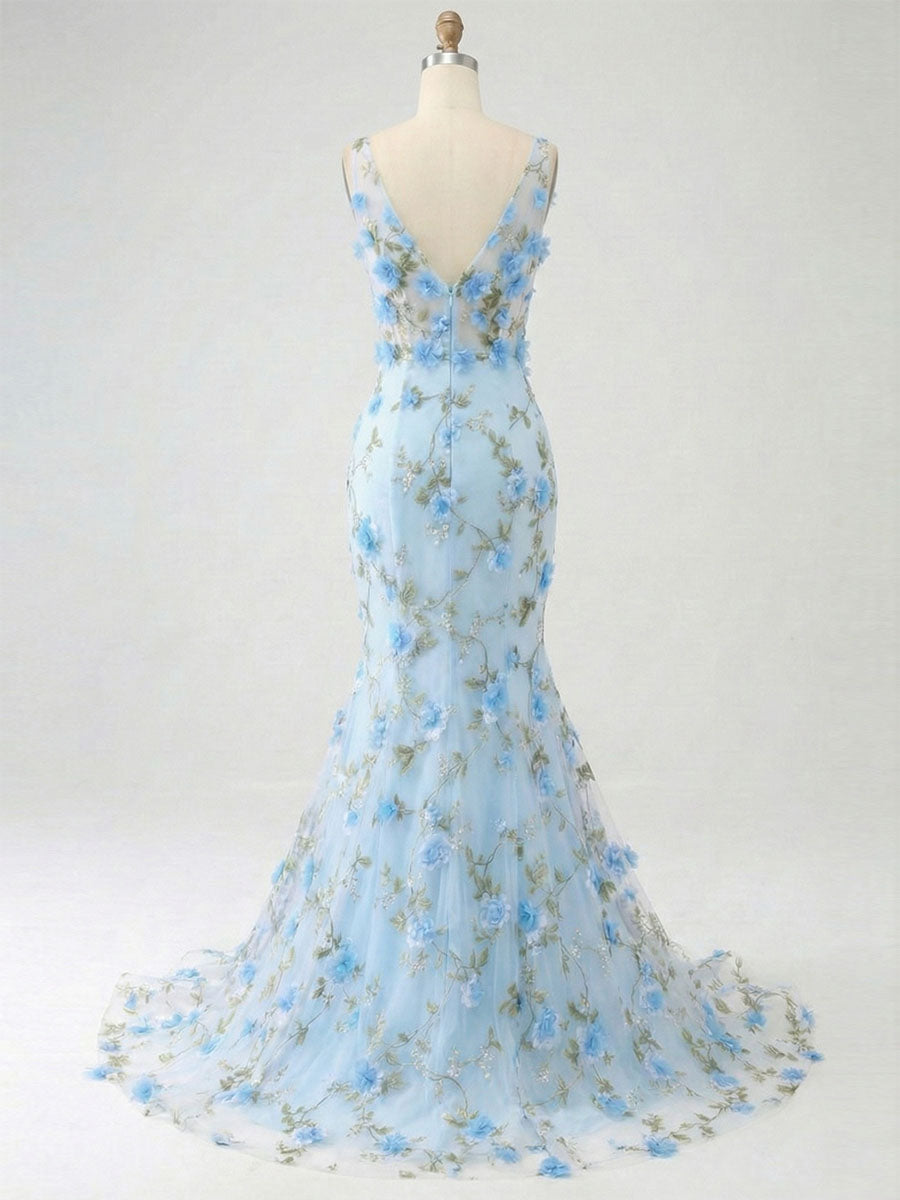 Light Blue Deep V-Neck Tulle Mermaid Prom Dress with 3D Floral Appliqu�s - View 2 | FashionDia