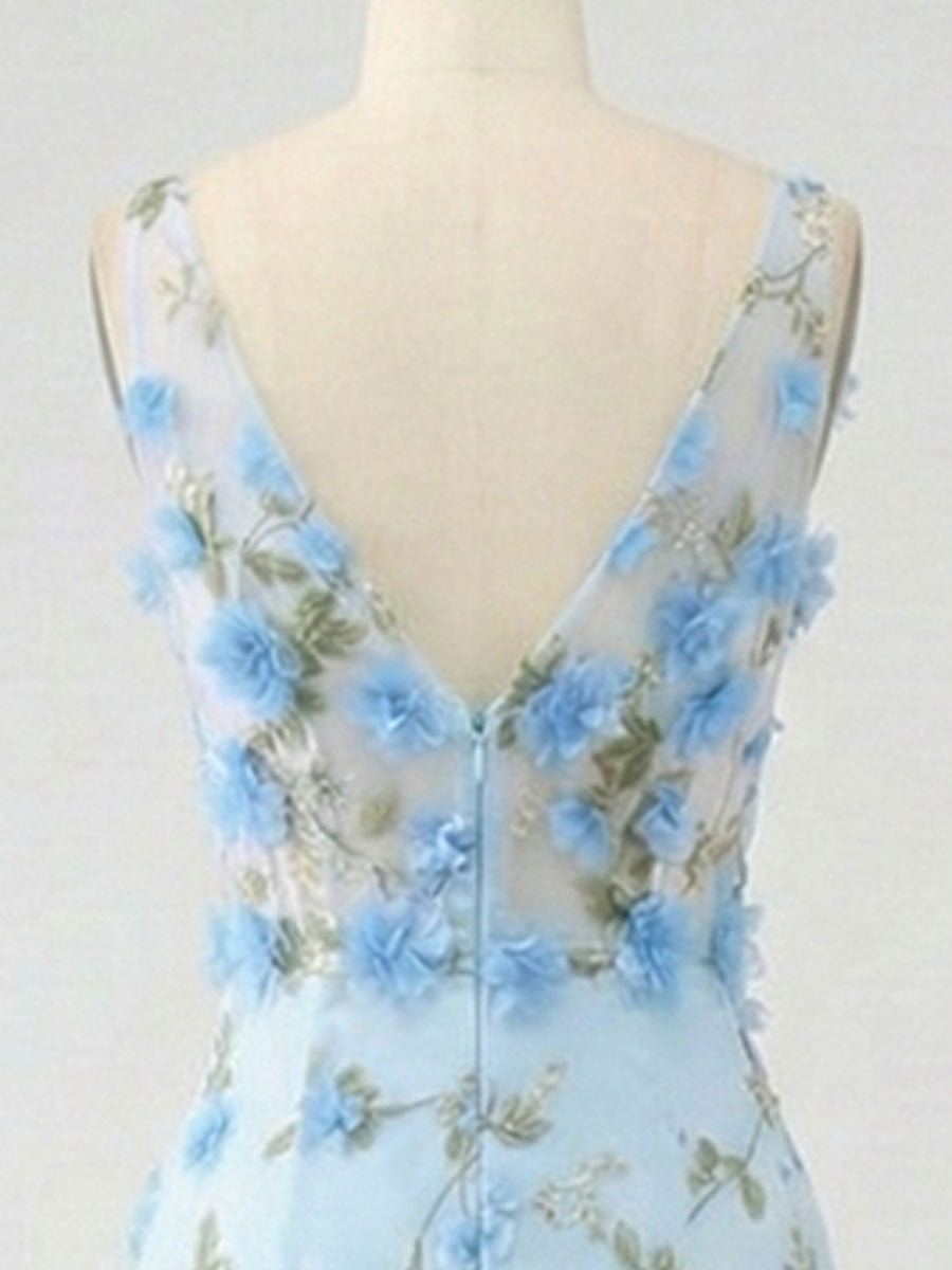 Light Blue Deep V-Neck Tulle Mermaid Prom Dress with 3D Floral Appliqu�s - View 5 | FashionDia
