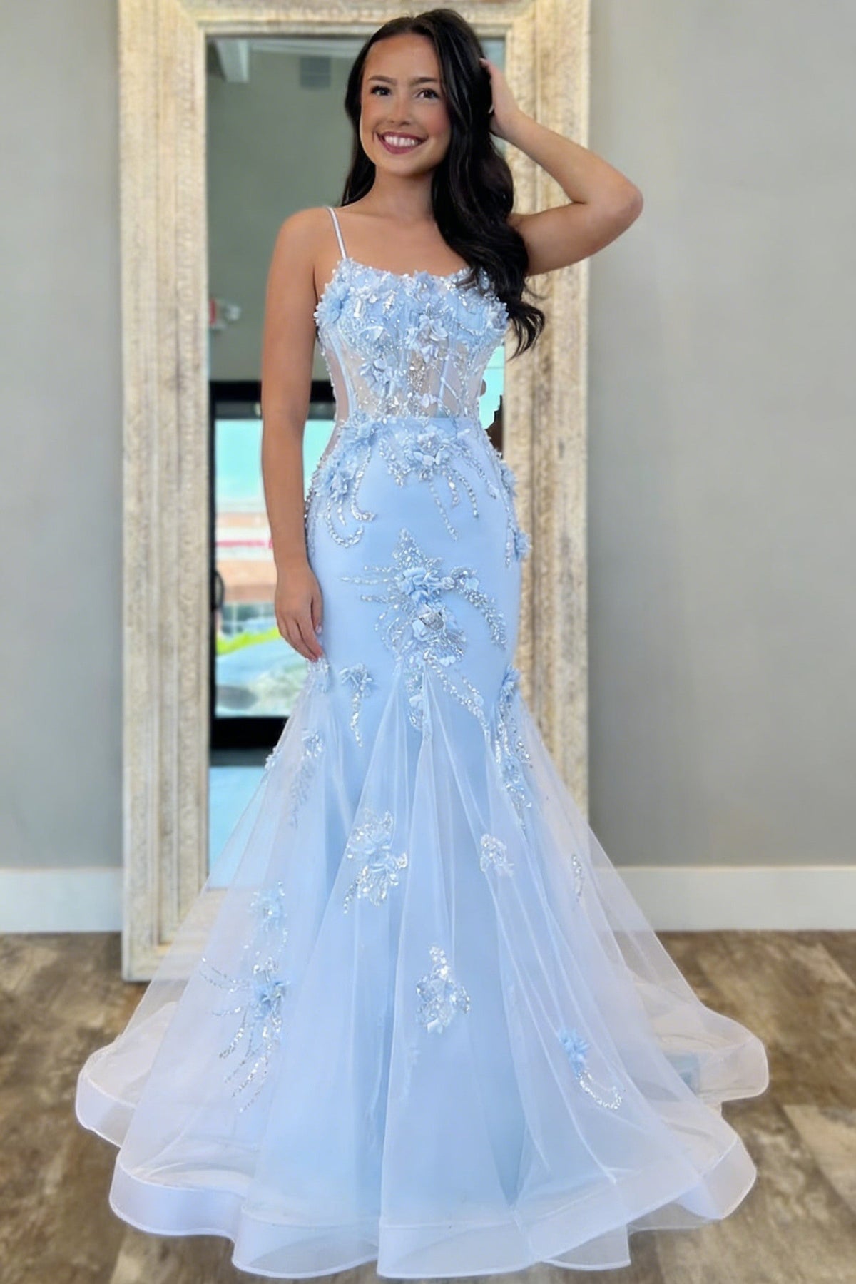 Chic Mermaid Spaghetti Straps Light Blue Mermaid Prom Dress with Tulle Train - FashionDia