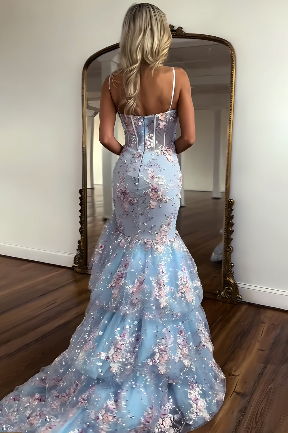 Gorgeous Mermaid Spaghetti Straps Light Blue Corset Prom Dress with Appliques