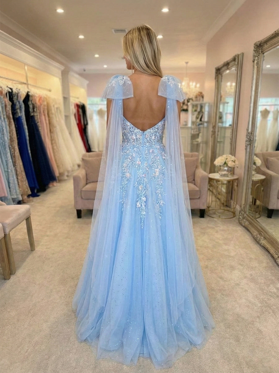 Glitter Light Blue Floral Embroidery Tulle Prom Dress with Shoulder Capes - View 2 | FashionDia