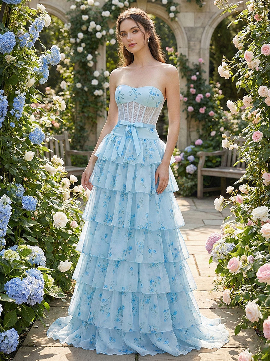 Light Blue Floral Strapless Tiered Corset Prom Dress