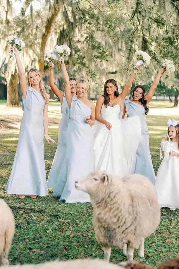 Light Blue One Shoulder Satin Sheath Long Bridesmaid Dress BD133 by pgmdress