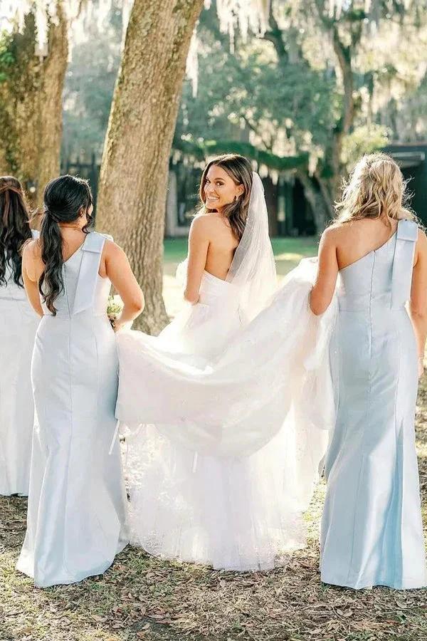 Light Blue One Shoulder Satin Sheath Long Bridesmaid Dress (ZD12843)