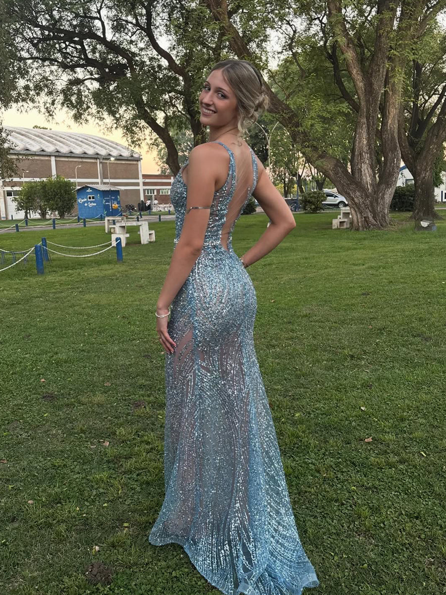 Light Blue Patterned Sequin Deep V-Neck Long Prom Dress - View 3 | FashionDia