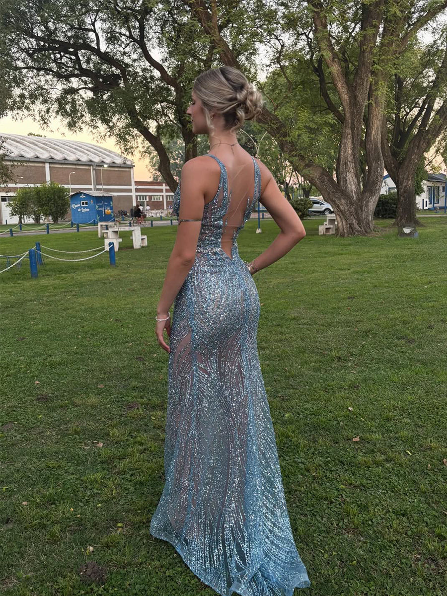 Light Blue Patterned Sequin Deep V-Neck Long Prom Dress - View 4 | FashionDia