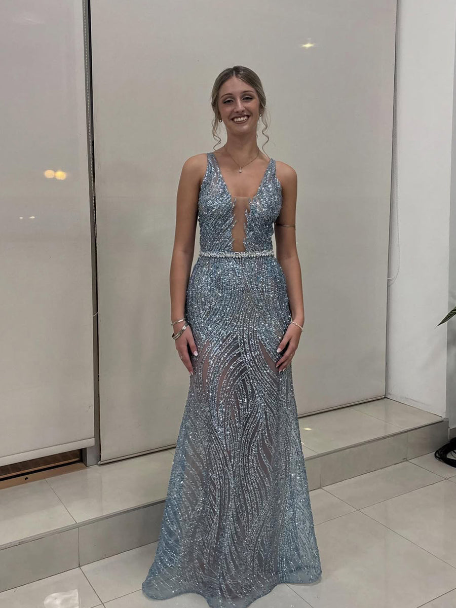Light Blue Patterned Sequin Deep V-Neck Long Prom Dress - FashionDia