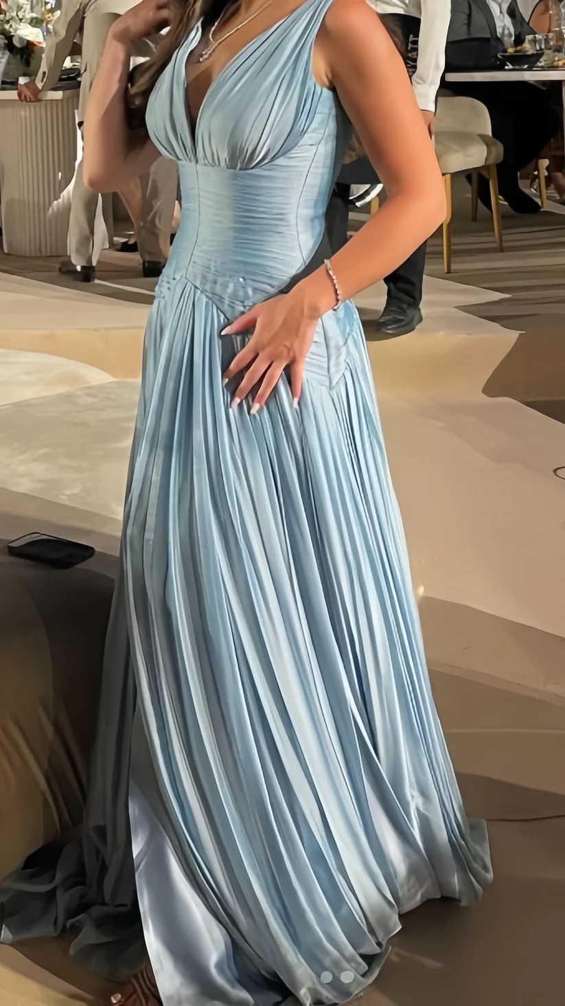 Light Blue Pleated Evening Formal Dresses V-Neck Wedding Guest Dress J9654