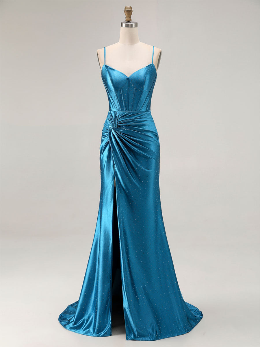 Blue Ruched Corset Mermaid Beaded Long Prom Dress With Slit - FashionDia