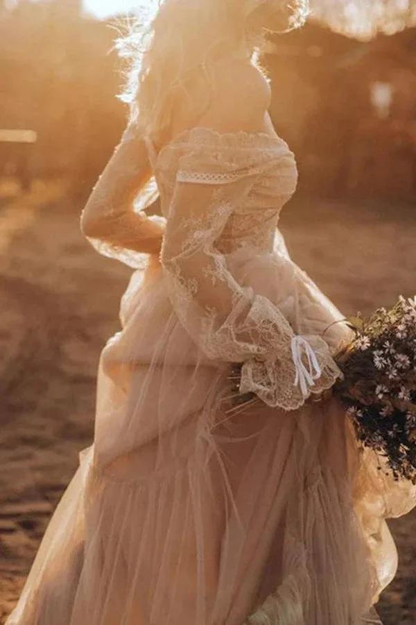 Light Brown Long Sleeve Boho Wedding Dress Rustic Wedding Dress (ZD16084)