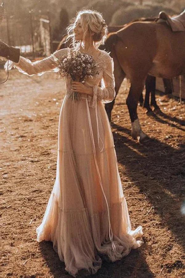 Light Brown Long Sleeve Boho Wedding Dress Rustic Wedding Dress WD741 by pgmdress
