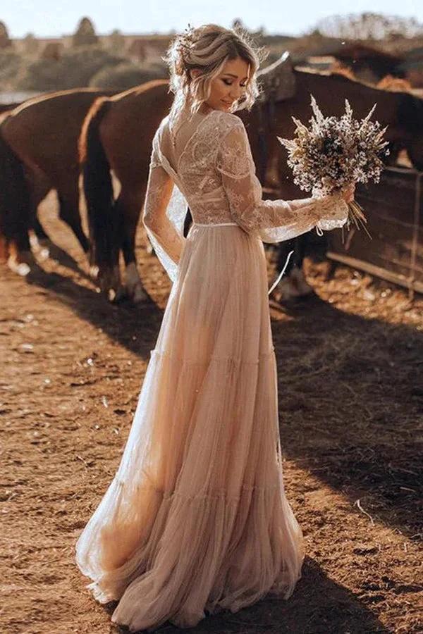 Light Brown Long Sleeve Boho Wedding Dress Rustic Wedding Dress (ZD16084)