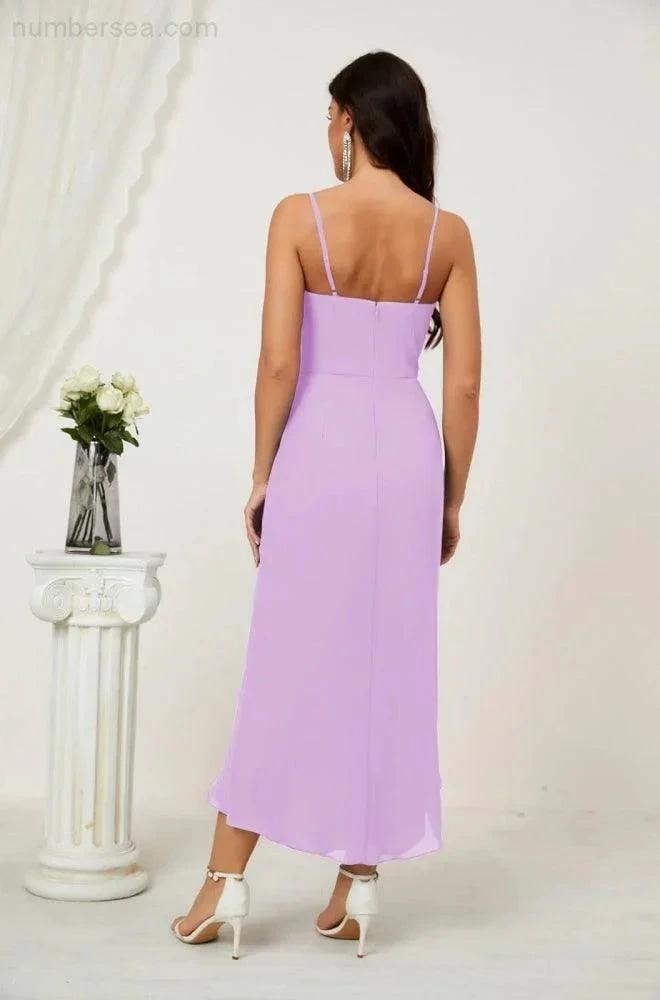 ZapDress Spaghetti Chiffon V Neck Bridesmaid Dress Mid-Length Slit Formal Prom Dress Homecoming Dress 2803 (ZD16952)
