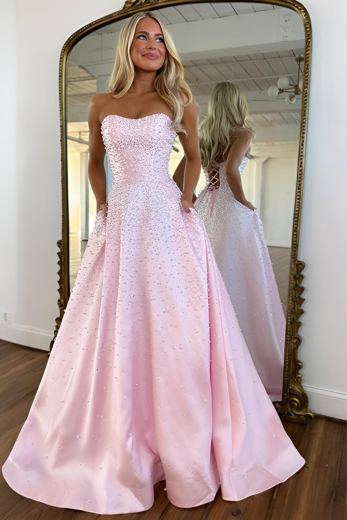Luxurious A-Line Sweetheart Yellow Long Prom Dress with Pearls Criss Cross Back - View 2 | FashionDia