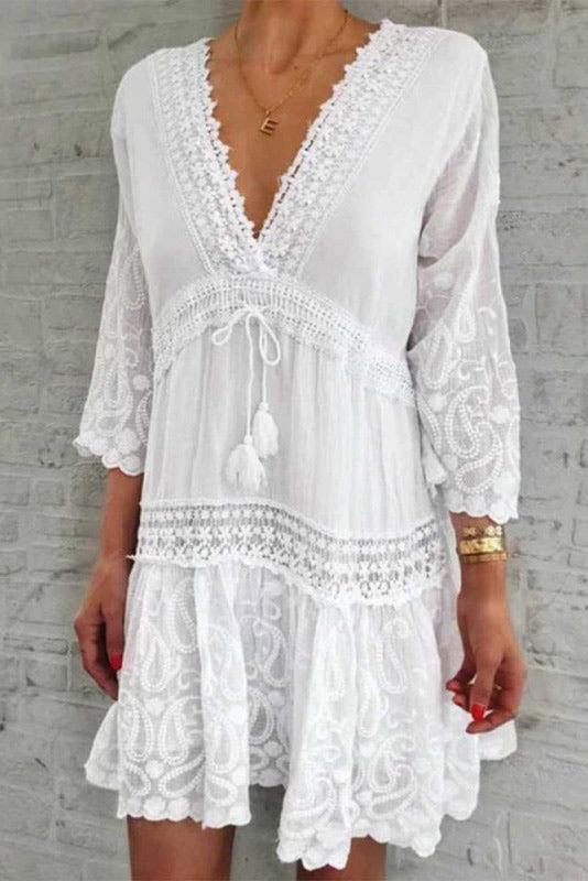 Light Sky Blue V-Neck Lace Mini Dress - Fashionpara